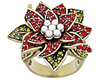 Picture of Multicolor Crystal Pearl Simulant Antiqued Gold Tone Poinsettia Ring