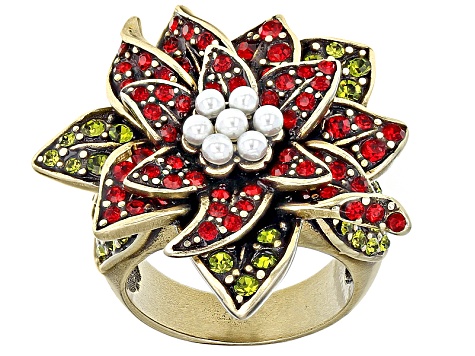 Multicolor Crystal Pearl Simulant Antiqued Gold Tone Poinsettia Ring