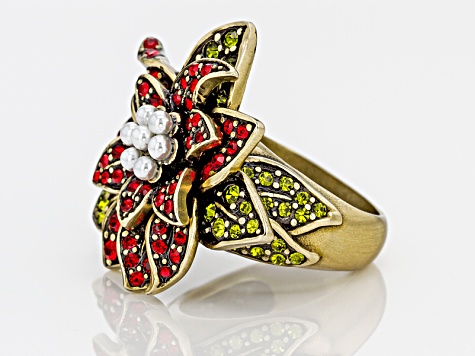 Multicolor Crystal Pearl Simulant Antiqued Gold Tone Poinsettia Ring