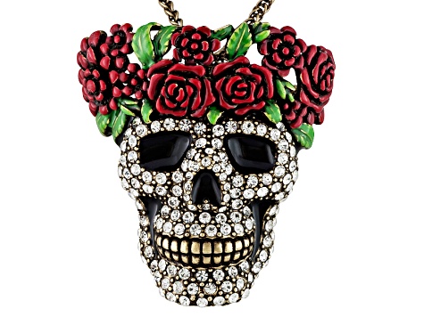 Multicolor Enamel White Crystal Day Of The Dead Skull Pin Pendant With Chain