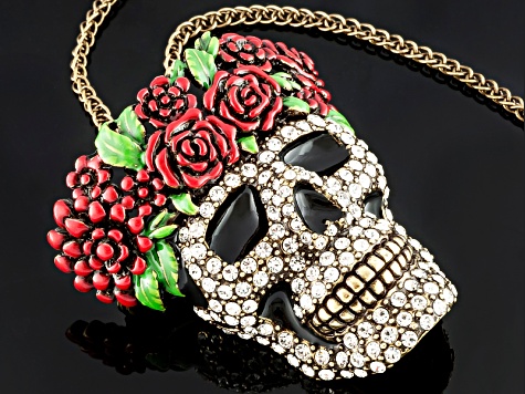 Multicolor Enamel White Crystal Day Of The Dead Skull Pin Pendant With Chain