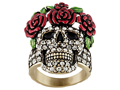 Multicolor Enamel White Crystal Antique Bronze Tone Day Of The Dead Skull Ring
