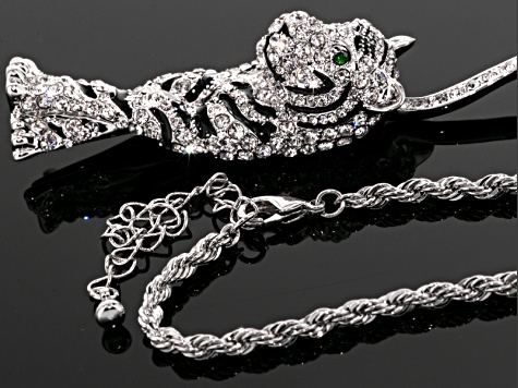 White And Green Crystal Black Enamel Silver Tone Tiger