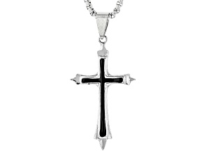 Black Enamel Silver Tone Mens Cross Pendant With 24" Chain