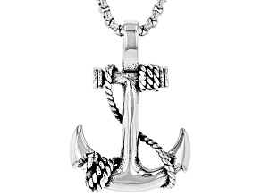 Oxidized Silver Tone Men's Anchor And Rope Detail Pendant With 24" Chain