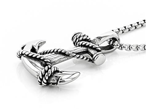 Oxidized Silver Tone Men's Anchor and Rope Detail Pendant With 24" Chain