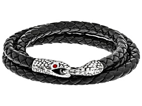 Red Crystal Leather and Silver Tone Mens Coiled Snake Bracelet