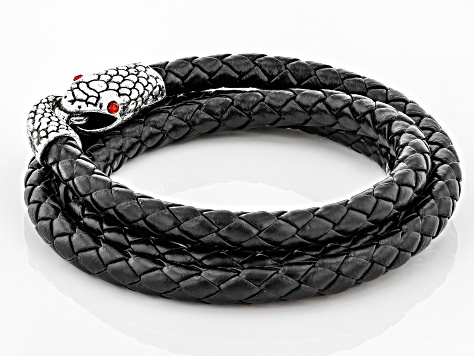 Red Crystal Leather and Silver Tone Mens Coiled Snake Bracelet