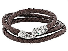Green Crystal, Silver Tone And Brown Leather Mens Coiled Snake Bracelet