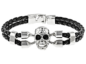 Black Crystal Silver Tone And Leather Mens Skull Bracelet