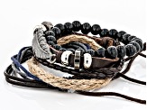 Silver Tone, Leather, Wood, And Twine Mens Feather Bracelet Set