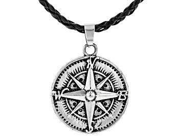 Picture of Silver Tone Mens 18" Compass Necklace With Leather Cord