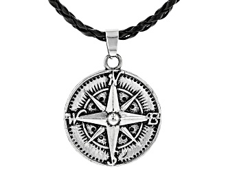 Silver Tone Mens 18" Compass Necklace With Leather Cord