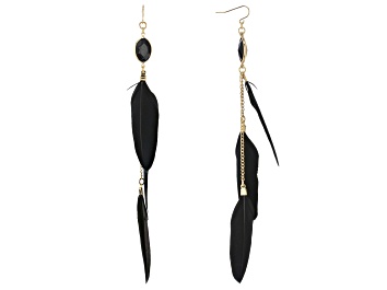 Picture of Black Crystal And Black Faux Feather Gold Tone Earrings