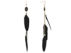 Black Crystal And Black Faux Feather Gold Tone Earrings