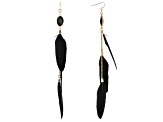 Black Crystal And Black Faux Feather Gold Tone Earrings
