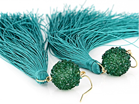 Gold Tone Green Tassel Earrings