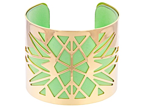 Green Imitation Leather And Gold Tone Overlay Cuff Bracelet