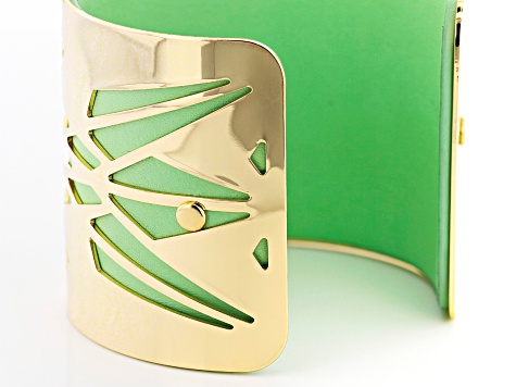 Green Imitation Leather And Gold Tone Overlay Cuff Bracelet