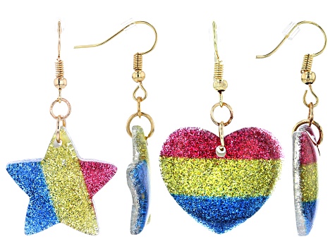Girls Multicolor Glitter And Gold Tone Heart And Star Earring Set Of Two