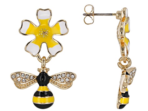 Girls White Crystal And Enamel Gold Tone Flower And Bee Dangle Earrings