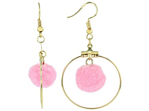 Girls Pink Pom Pom Gold Tone Hoop Earrings