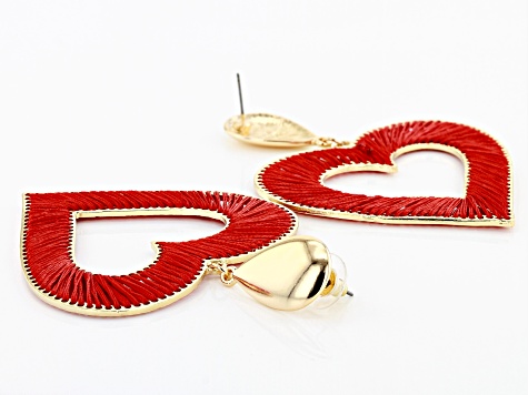 Red Fabric Gold Tone Threaded Heart Earrings