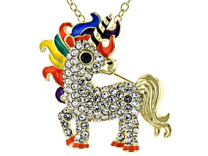 Multi-color Crystal Gold Tone Unicorn Pendant With Chain