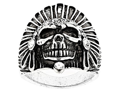 Crystal Skull Silver Tone Oxidized Mens Ring