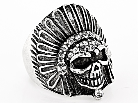 Crystal Skull Silver Tone Oxidized Mens Ring