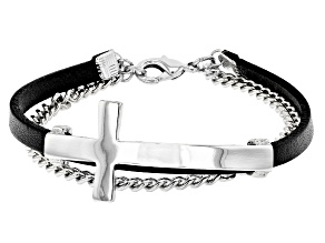 Black Genuine Leather Silver Tone Mens Cross Bracelet