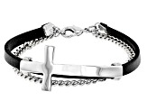 Black Genuine Leather Silver Tone Mens Cross Bracelet