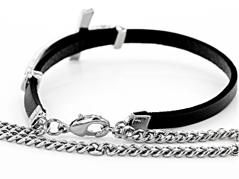 Black Genuine Leather Silver Tone Mens Cross Bracelet