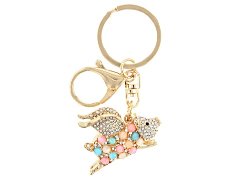 Multi Color Acrylic and White Crystal Gold Tone Flying Pig Key Chain