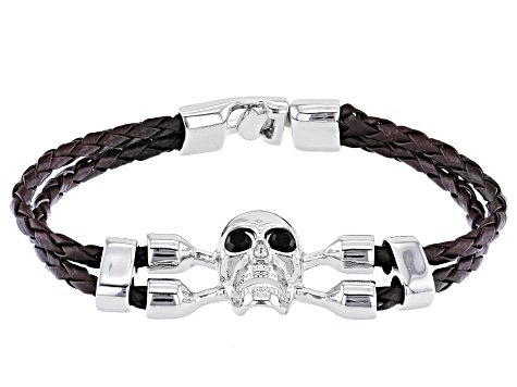 Black Crystal With Brown Leather Silver Tone Mens Skull Bracelet ...