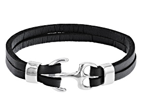 Black Leather Silver Tone Anchor Bracelet