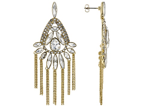 Gold Tone White Crystal Dangle Earrings