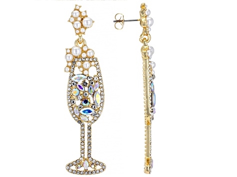 Multi Color Crystal Gold Tone Champagne Glass Earrings