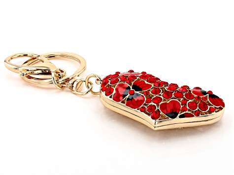 Red Crystal and Enamel Heart Key chain with Flowers
