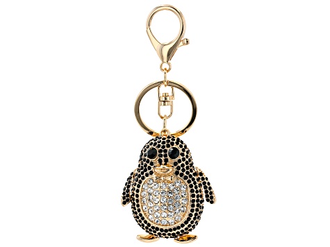 Gold Tone Black and White Crystal Penguin Key Chain
