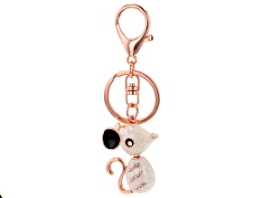 Rose Tone, White Crystal With Black And White Enamel Mouse Key Chain