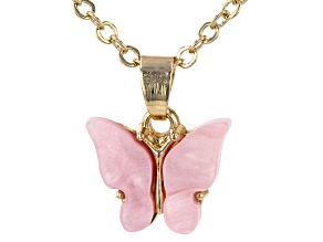 Gold Tone Pink Butterfly Children's 14" Necklace