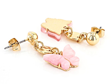 Gold Tone Pink Butterfly Resin Children's Earrings