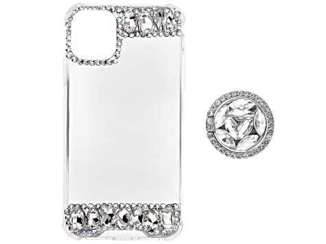 White and Iridescent Crystals iPhone 12 Cell Phone Case with Pop Socket
