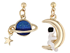 Gold Tone Blue and White Enamel Celestial Dangle Earrings