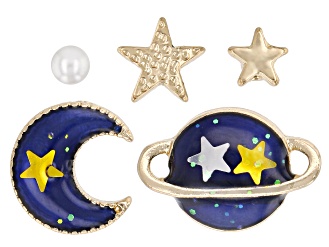 Gold Tone Blue Enamel Saturn, Moon, and Star Set of 5 Earrings