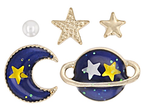 Gold Tone Blue Enamel Saturn, Moon, and Star Set of 5 Earrings