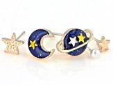 Gold Tone Blue Enamel Saturn, Moon, and Star Set of 5 Earrings