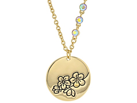 Gold Tone Clear Crystal Accent, Cherry Blossom Pendant With Chain