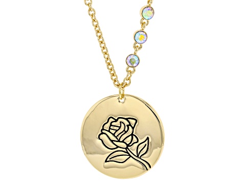 Gold Tone Clear Crystal Accent, Rose Pendant W/ Chain
